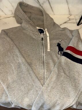 Ralph Lauren Gray Zip Hoodie with Red & Navy Sleeve Stripes
